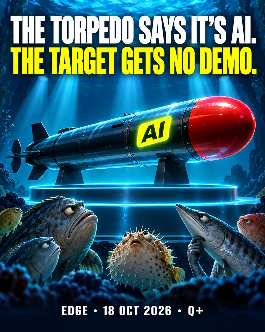 EDGE 18 October 2026: The torpedo says it’s AI. The target gets no demo. An illustrated AI-labelled torpedo faces skeptical fish.